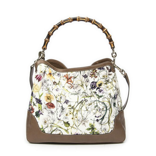 Gucci Medium Diana Bamboo Hobo Ivory/brown Floral Canvas A