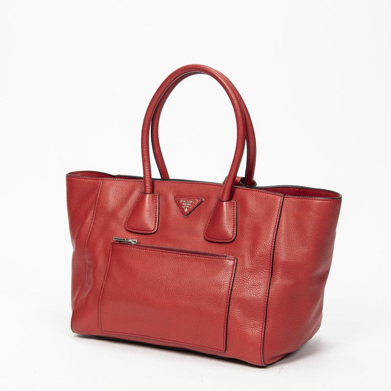Prada Front Pocket Double Handle Tote Red Vitello Phoenix A