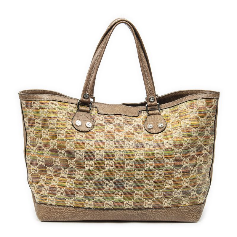 Gucci Large Ribecchio Sunset Tote Brown Red Orange Monogram Straw Ribecchio