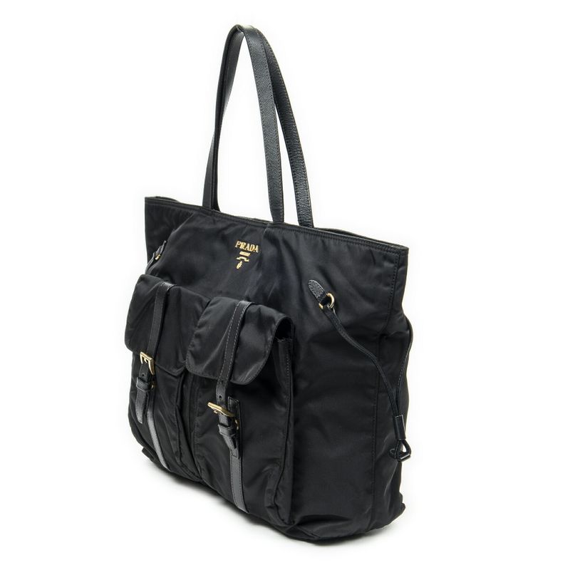 Pradadouble Front Pocket Shopping Tote Black Nylon Canvas A