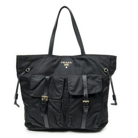 Pradadouble Front Pocket Shopping Tote Black Nylon Canvas A