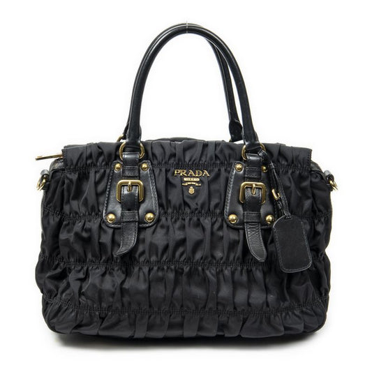 Prada Pleated Zip Tote Black Tessuto Gaufre Canvas A