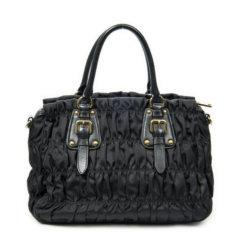 Prada Pleated Zip Tote Black Tessuto Gaufre Canvas A
