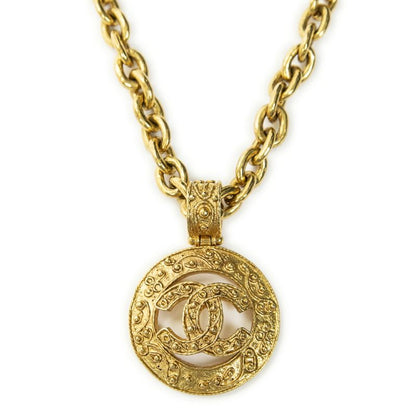 Chanel Coco Mark Heart Pendant Chain Necklace Gold Plated A