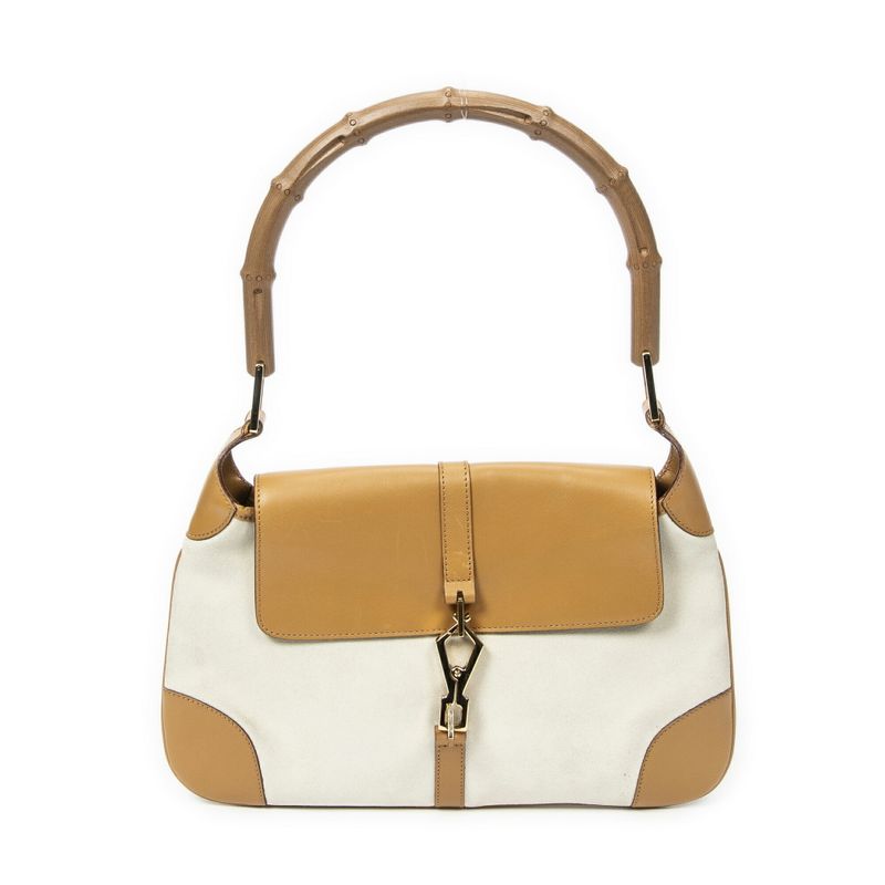 Gucci Bamboo Flap Jackie Ivory Tan Suede Leather A