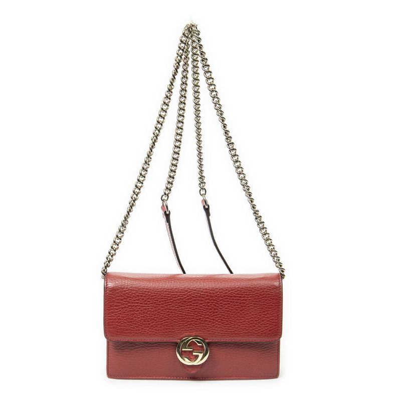 Gucci Interlocking G Chain Wallet Red Grain Leather A