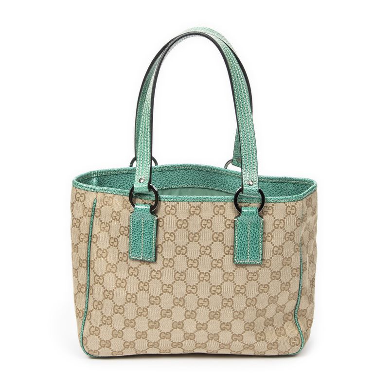 Gucci Small Shoulder Tote Beige Turquoise GG Canvas A
