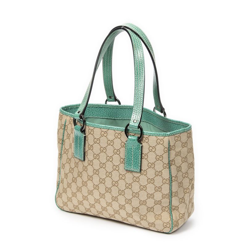 Gucci Small Shoulder Tote Beige Turquoise GG Canvas A