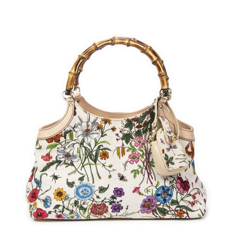 Gucci Medium Floral Bamboo Top Handle Ivory Beige Floral Canvas A