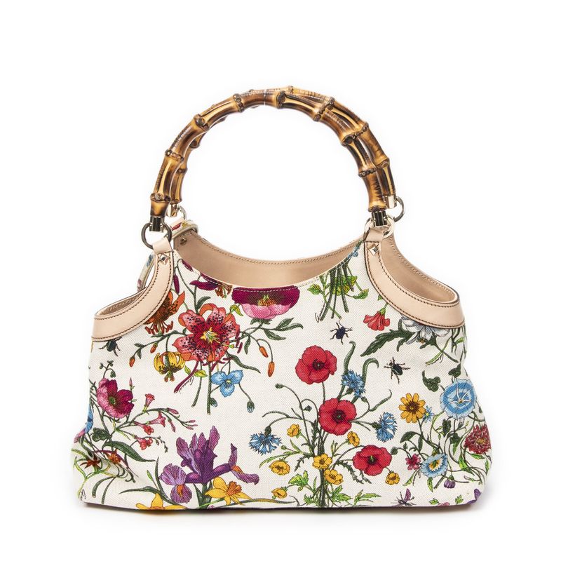 Gucci Medium Floral Bamboo Top Handle Ivory Beige Floral Canvas A