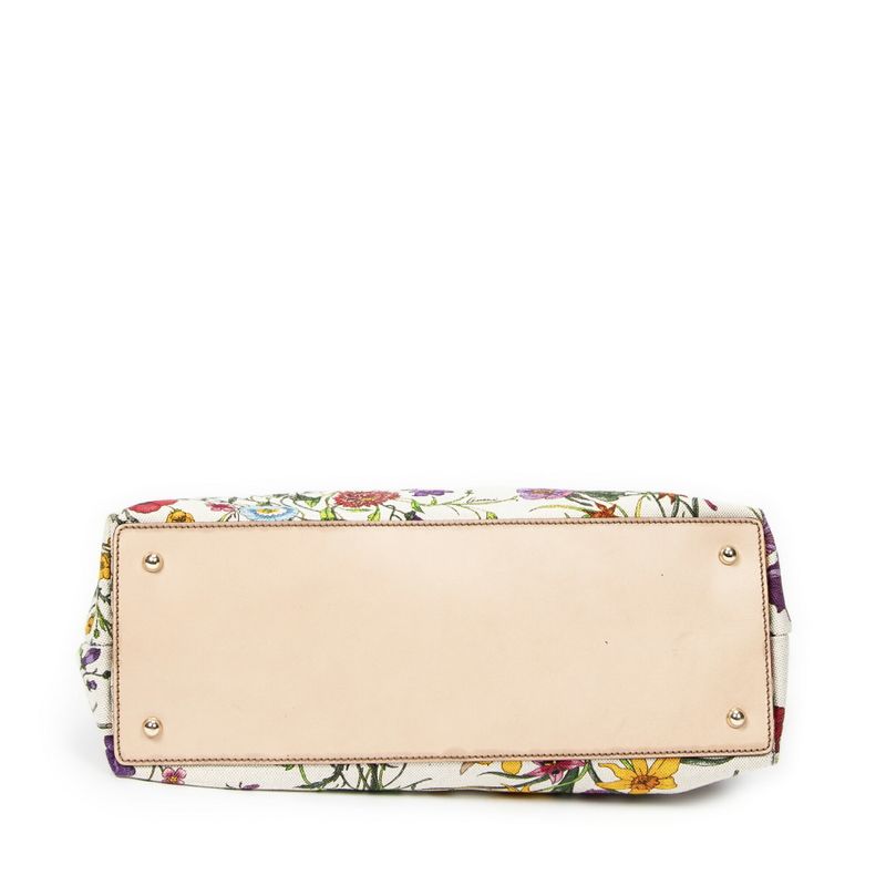 Gucci Medium Floral Bamboo Top Handle Ivory Beige Floral Canvas A