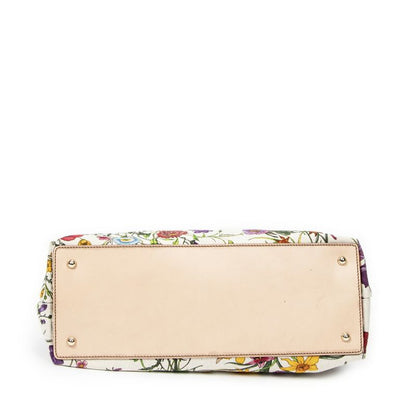 Gucci Medium Floral Bamboo Top Handle Ivory Beige Floral Canvas A