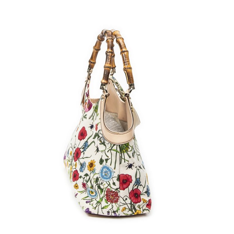 Gucci Medium Floral Bamboo Top Handle Ivory Beige Floral Canvas A