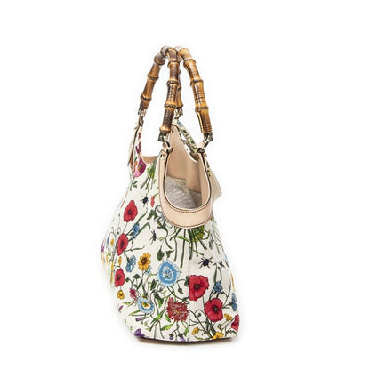 Gucci Medium Floral Bamboo Top Handle Ivory Beige Floral Canvas A