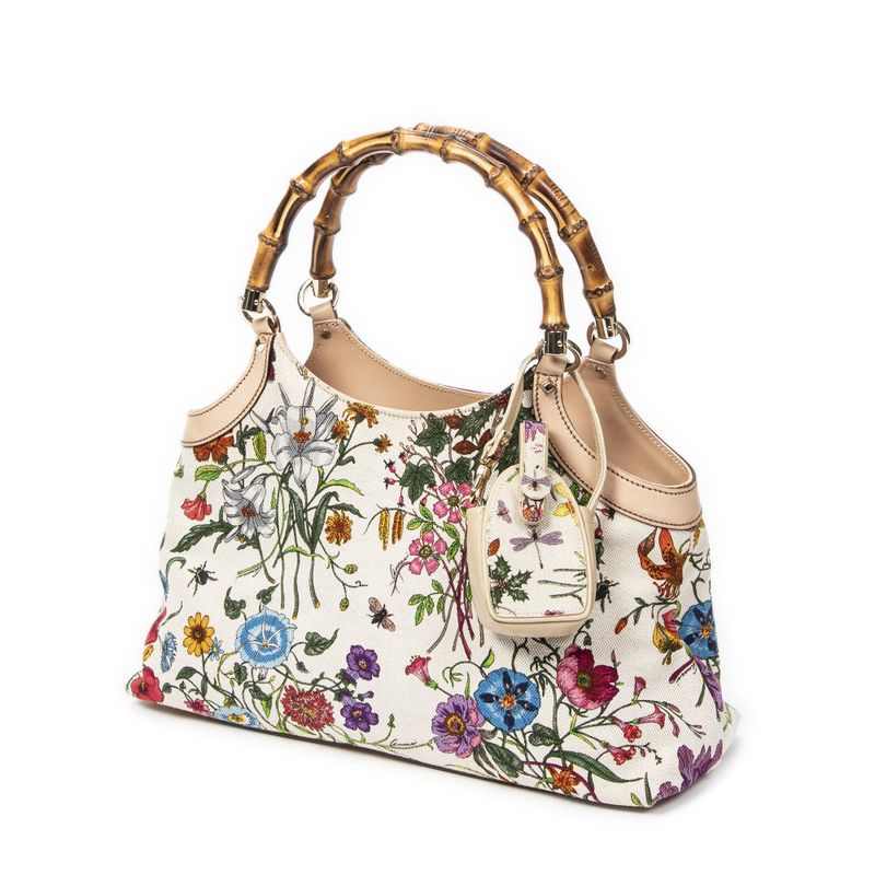 Gucci Medium Floral Bamboo Top Handle Ivory Beige Floral Canvas A