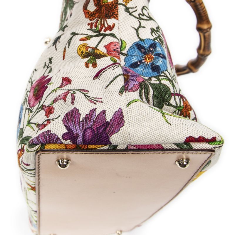 Gucci Medium Floral Bamboo Top Handle Ivory Beige Floral Canvas A