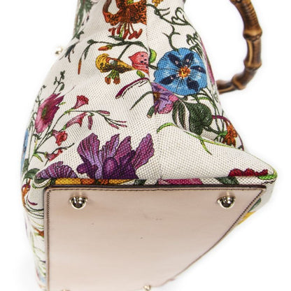 Gucci Medium Floral Bamboo Top Handle Ivory Beige Floral Canvas A