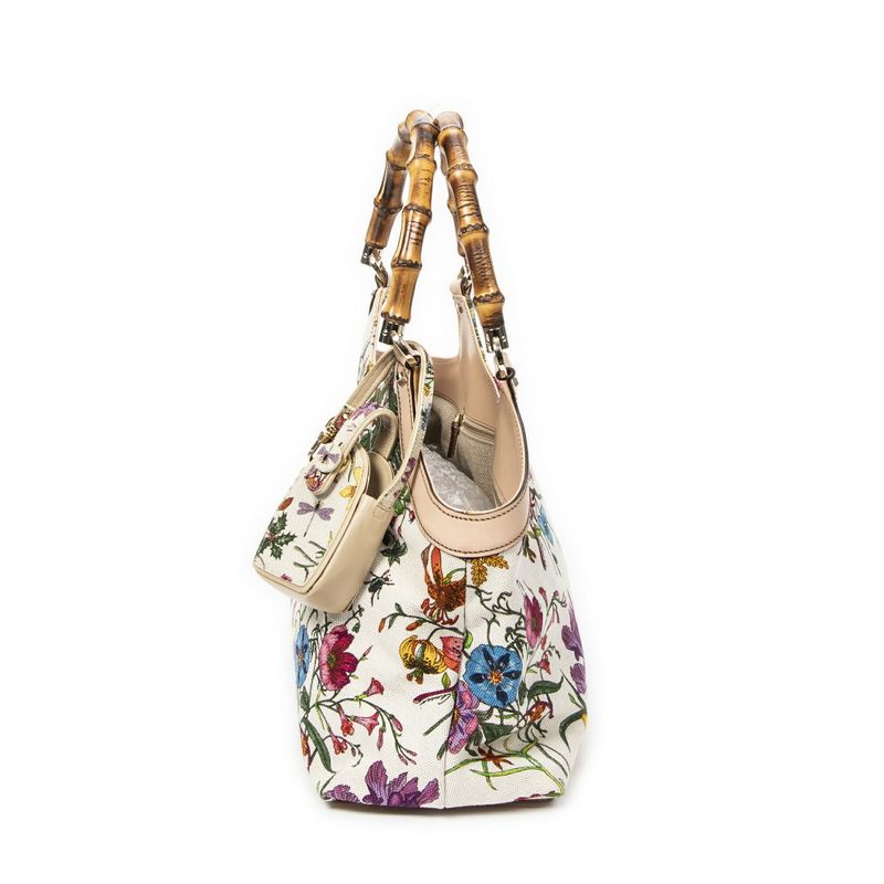 Gucci Medium Floral Bamboo Top Handle Ivory Beige Floral Canvas A