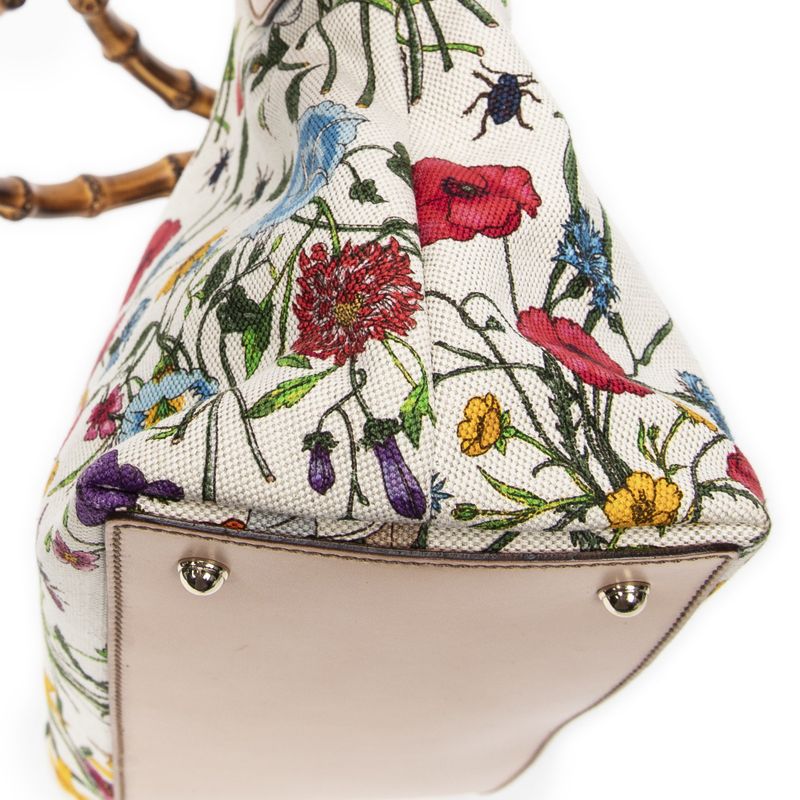 Gucci Medium Floral Bamboo Top Handle Ivory Beige Floral Canvas A