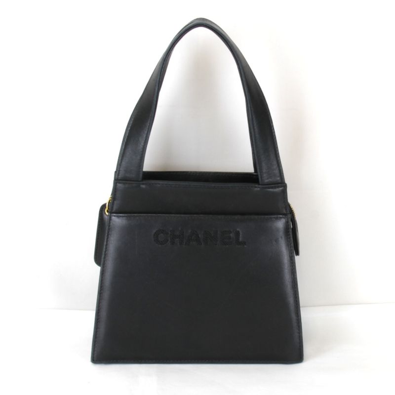 Chanel Logo Lambskin Gold Hardware Handbag Leather Black