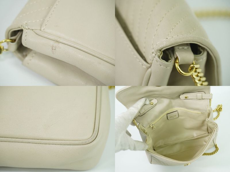 Authentic Celine Quilted Chain Shoulder Bag Pochette Leather Ivory Bag Pre-owned