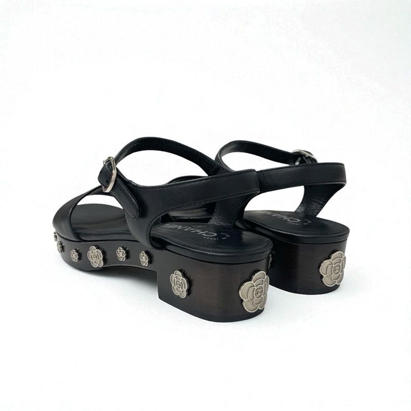Chanel Sandals Shoes Leather Black Silver Coco Mark Camellia Strap