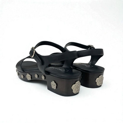 Chanel Sandals Shoes Leather Black Silver Coco Mark Camellia Strap