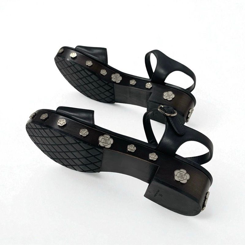 Chanel Sandals Shoes Leather Black Silver Coco Mark Camellia Strap