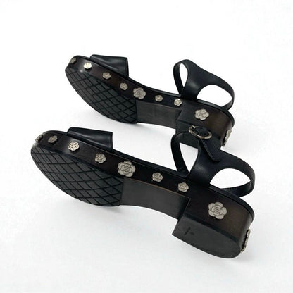 Chanel Sandals Shoes Leather Black Silver Coco Mark Camellia Strap