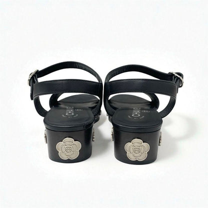 Chanel Sandals Shoes Leather Black Silver Coco Mark Camellia Strap