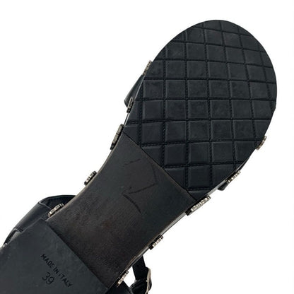 Chanel Sandals Shoes Leather Black Silver Coco Mark Camellia Strap
