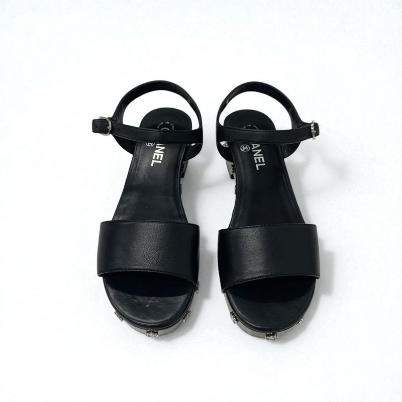Chanel Sandals Shoes Leather Black Silver Coco Mark Camellia Strap