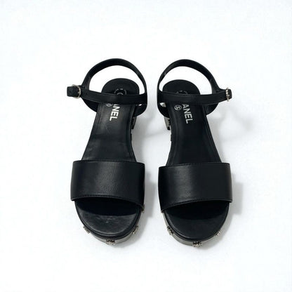 Chanel Sandals Shoes Leather Black Silver Coco Mark Camellia Strap