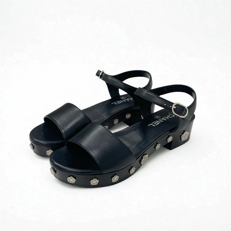 Chanel Sandals Shoes Leather Black Silver Coco Mark Camellia Strap