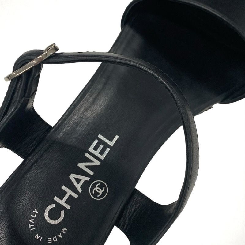 Chanel Sandals Shoes Leather Black Silver Coco Mark Camellia Strap