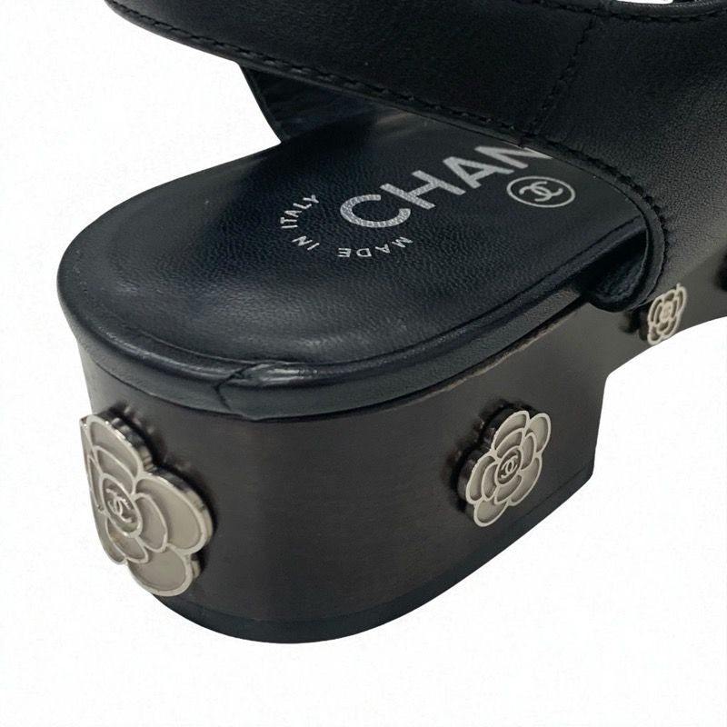 Chanel Sandals Shoes Leather Black Silver Coco Mark Camellia Strap