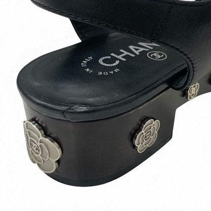 Chanel Sandals Shoes Leather Black Silver Coco Mark Camellia Strap