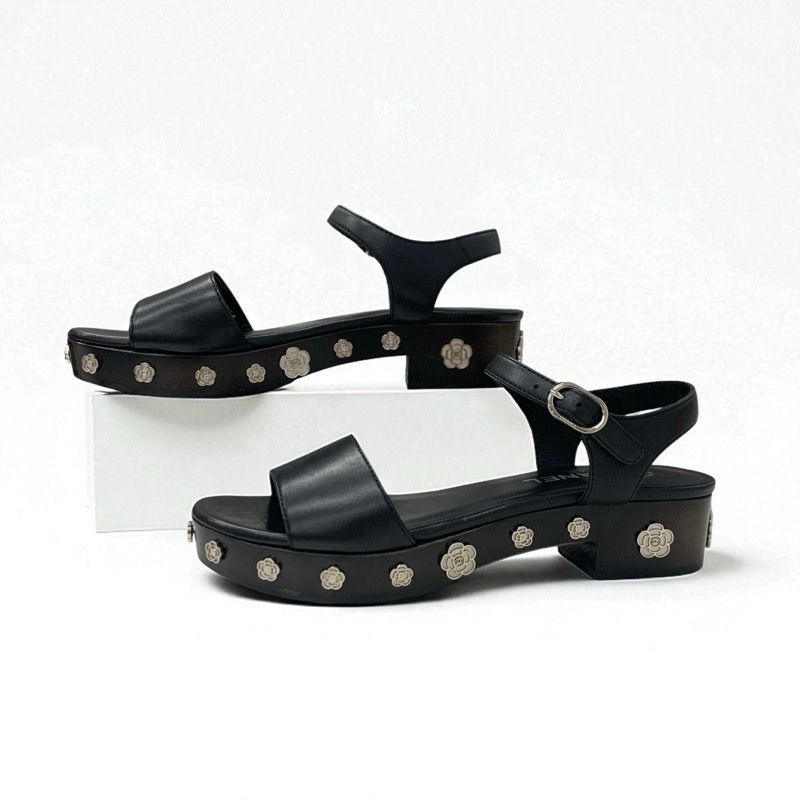 Chanel Sandals Shoes Leather Black Silver Coco Mark Camellia Strap