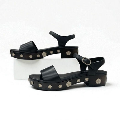 Chanel Sandals Shoes Leather Black Silver Coco Mark Camellia Strap