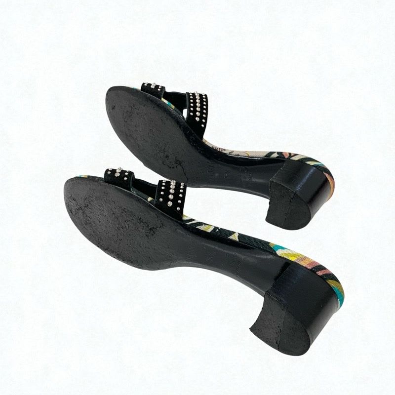 Hermes Oasis Sandals Shoes Suede Black Multicolor Studded Mules