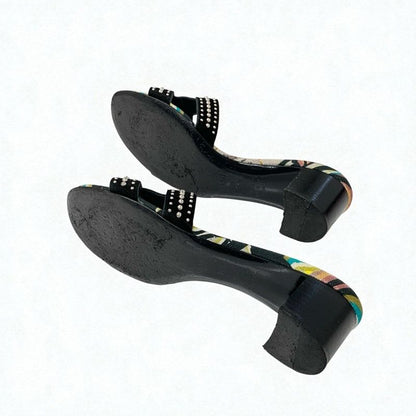 Hermes Oasis Sandals Shoes Suede Black Multicolor Studded Mules