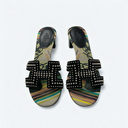 Hermes Oasis Sandals Shoes Suede Black Multicolor Studded Mules