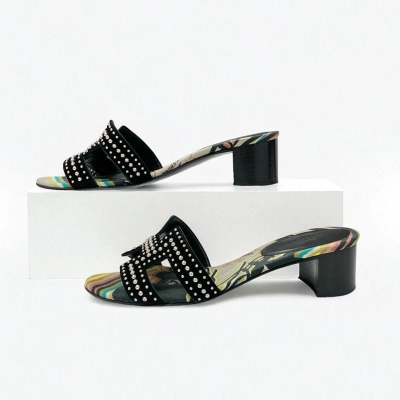 Hermes Oasis Sandals Shoes Suede Black Multicolor Studded Mules