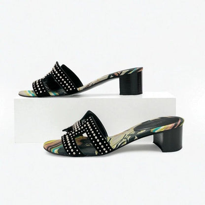 Hermes Oasis Sandals Shoes Suede Black Multicolor Studded Mules