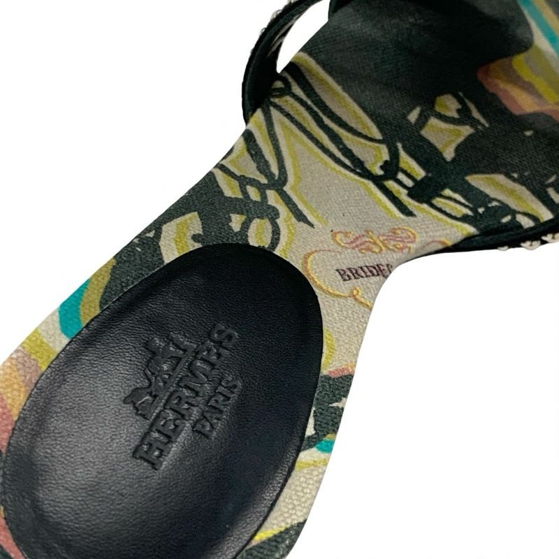 Hermes Oasis Sandals Shoes Suede Black Multicolor Studded Mules