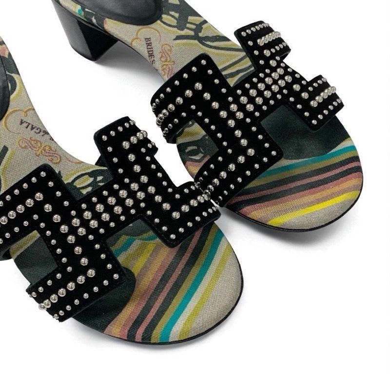 Hermes Oasis Sandals Shoes Suede Black Multicolor Studded Mules