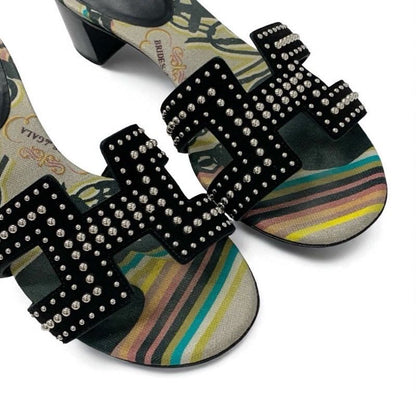 Hermes Oasis Sandals Shoes Suede Black Multicolor Studded Mules