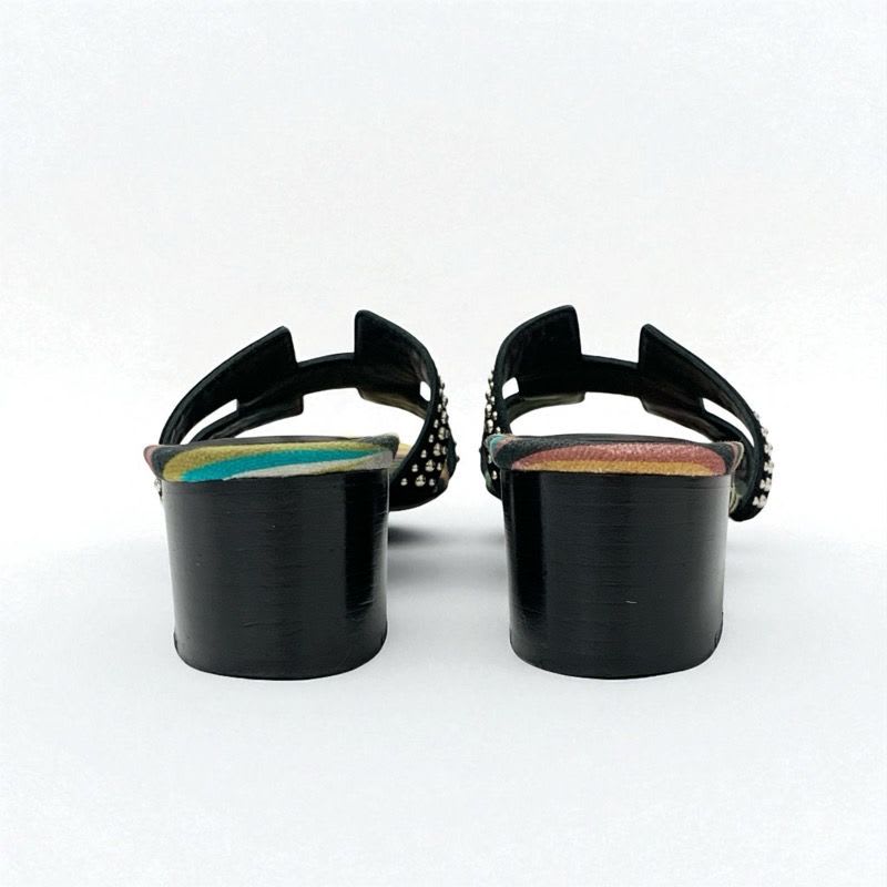 Hermes Oasis Sandals Shoes Suede Black Multicolor Studded Mules