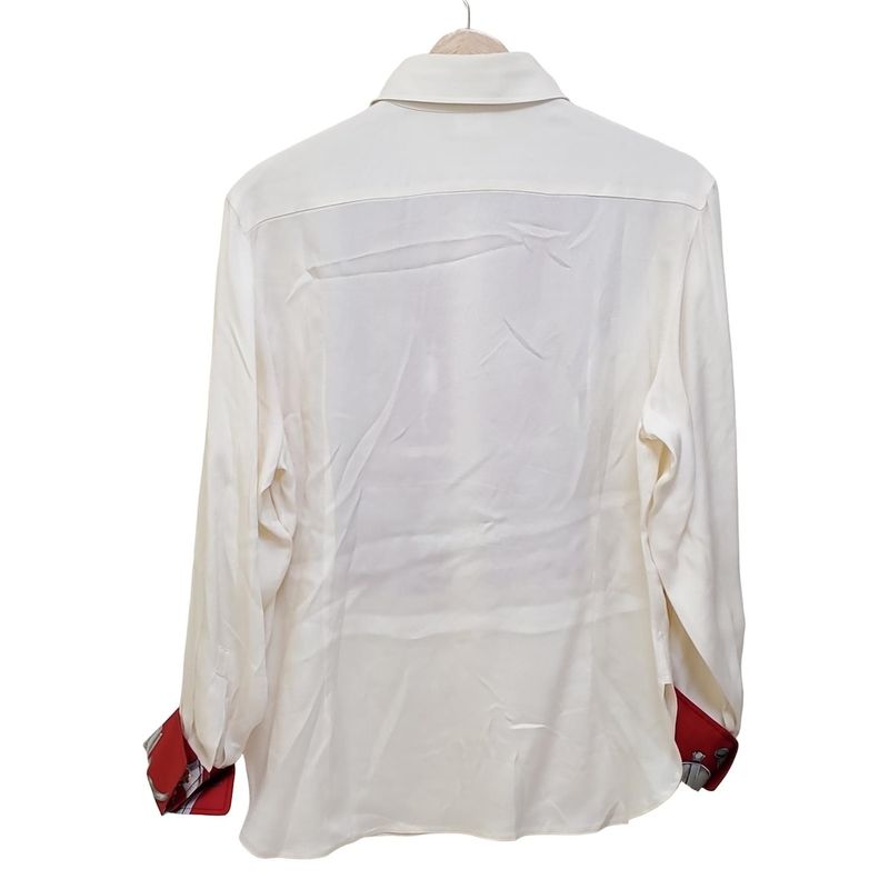 Hermes Long Sleeve Shirt Blouse Size 40 M Women's - Ivory Red And Gray Silk/plea