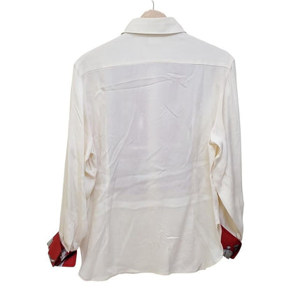 Hermes Long Sleeve Shirt Blouse Size 40 M Women's - Ivory Red And Gray Silk/plea